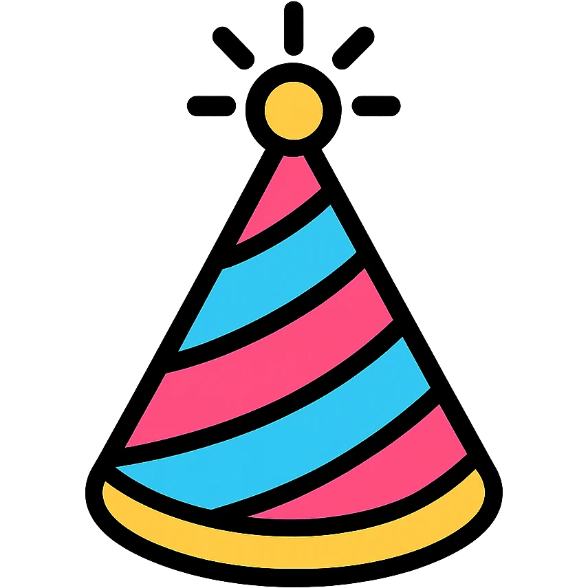party hat, color outline icon style, playful colors, black outlines, modern icon look emoji