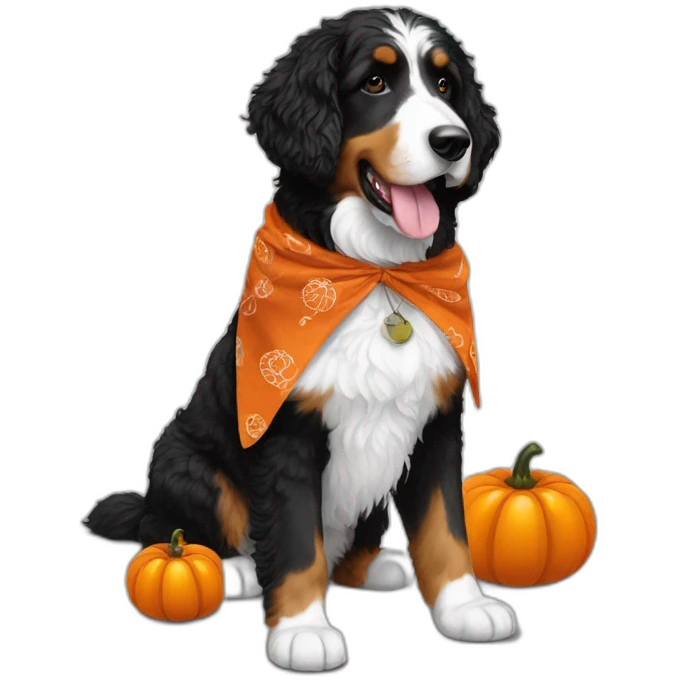 black and white bernedoodle with a pumpkin and fall bandana emoji
