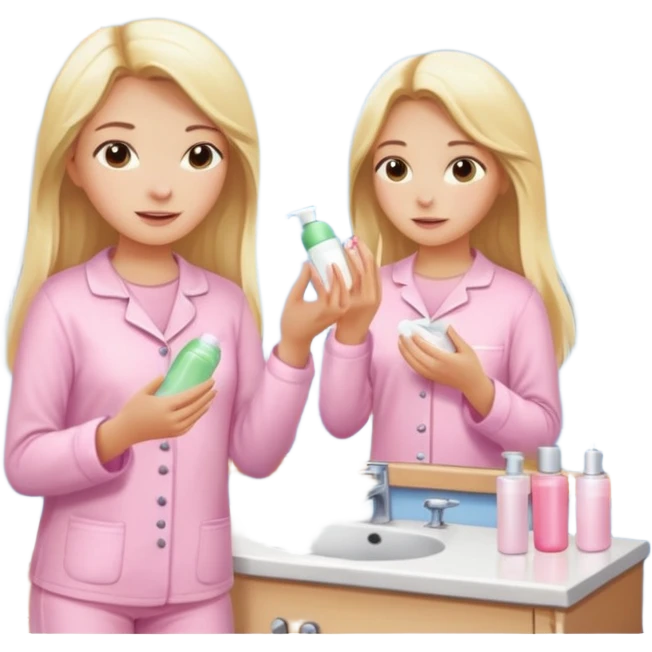 A girl in a light pink pajama is taking care of her skin, doing skincare routines in the bathroom in front of the mirror. Her hair is long, blonde, and straight. emoji