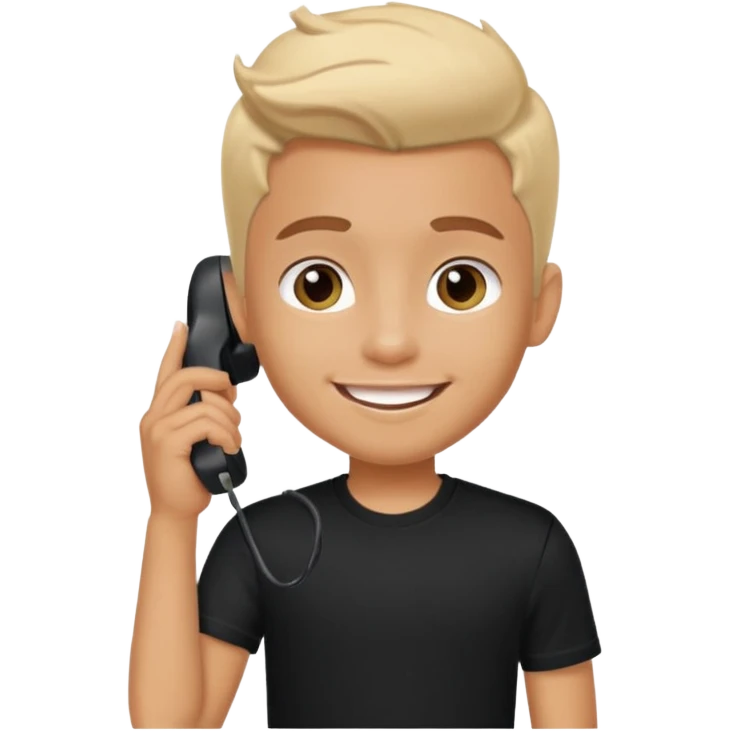 generate a pretty tan bratz boy smiling while talking on call. Wearing a black tshirt emoji
