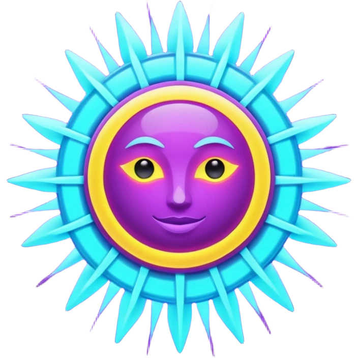 Futuristic glowing sun, neon rays, bright holographic purple and cyan glow, dark background, digital tech style emoji