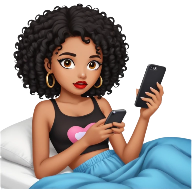 Brown-skinned teenage girl with curly black hair lying on bed looking at phone, heavy makeup, big lips, crop top, choni style emoji