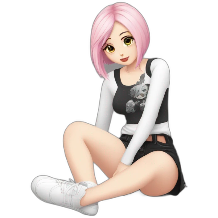 Full body curvy emo girl sits on the floor черная юбка белые трусики рваные полосатые чулки emoji