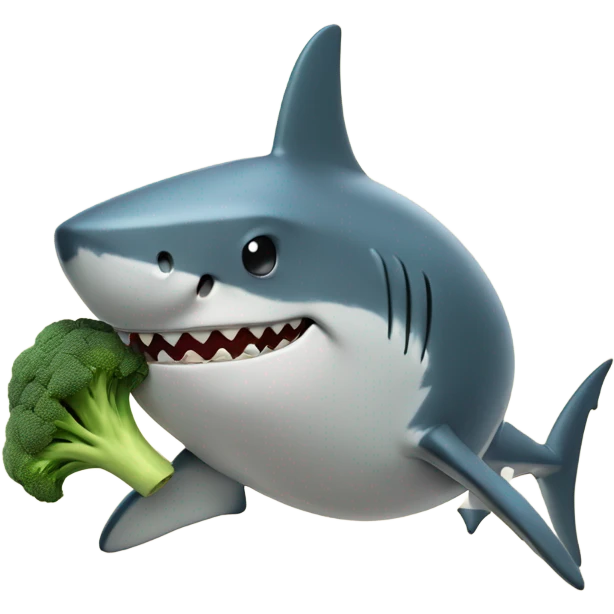 Shark with a top hat eating broccoli on an island emoji