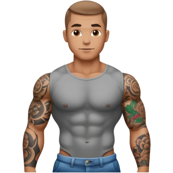 tattooed sleeves very muscular male with big penis sticking up from between legs emoji