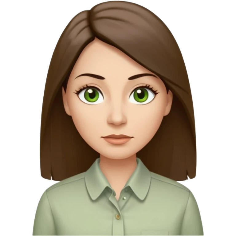 43 year old Adult woman avatar, light skin tone, long, oval face, long straight ashy brown hair, green almond-shaped eyes with dramatic eyelashes and minimal eyeliner, neutral mouth, medium straight eyebrows, average nose, smooth skin,  seersucker collared button down shirt emoji
