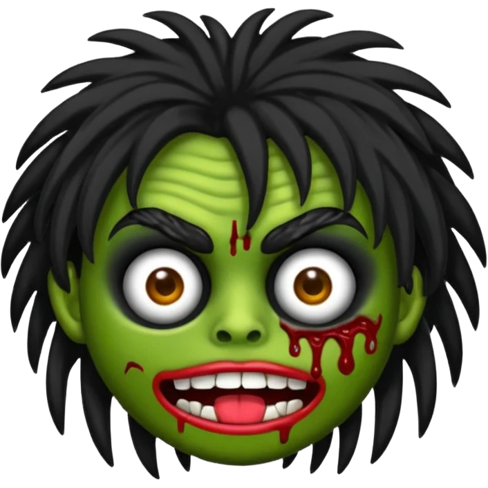 Un emojin de zumbi com cabelo comprido preto e franja emoji