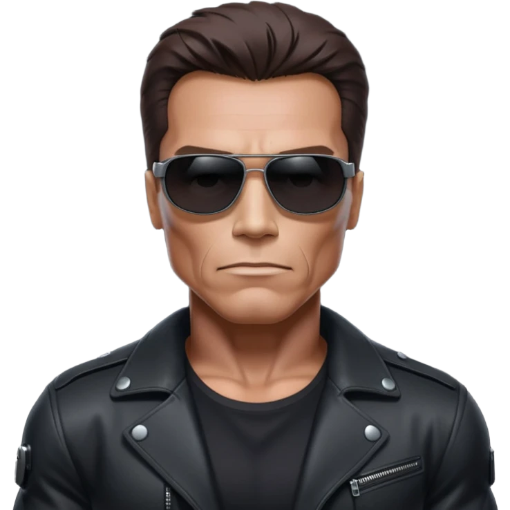 Schwarzenegger-like Terminator, upper body only, wearing his iconic clothes in black (all clothes must be black), looking human but with robotic details, and wearing dark sunglasses, hair must be dark
 emoji