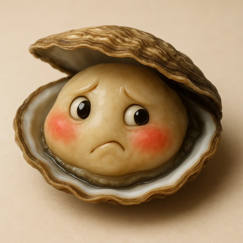 A cute oyster with an embarrassed expression, red cheeks, looking sideways, photorealistic style. emoji
