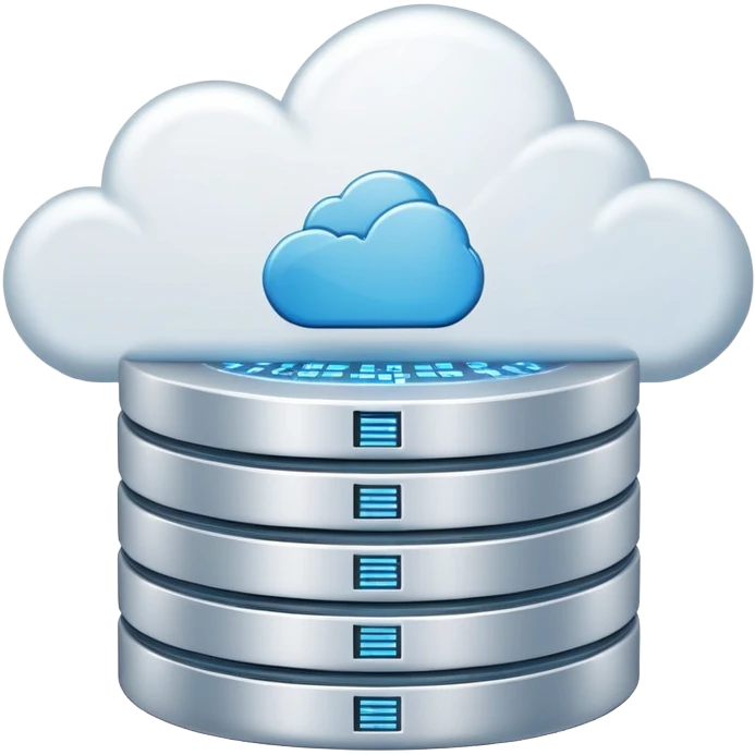 An icon featuring a database server, stacked data disks, and a cloud symbol, representing databases. The design includes binary code, a data structure diagram, and network connections, symbolizing data storage, management, and organization. Transparent background emoji