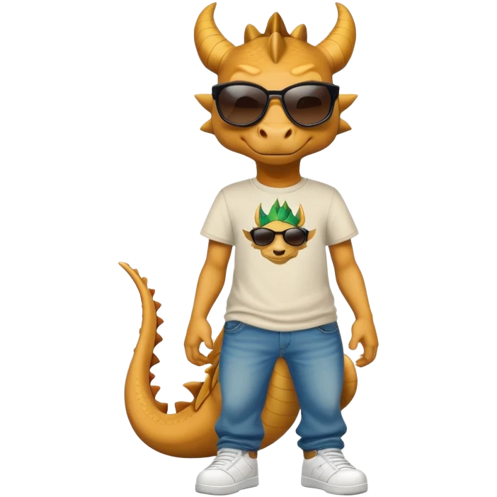 friendly anthropomorphised dragon in a hip-hop t-shirt and jeans wearing dark sunglasses emoji
