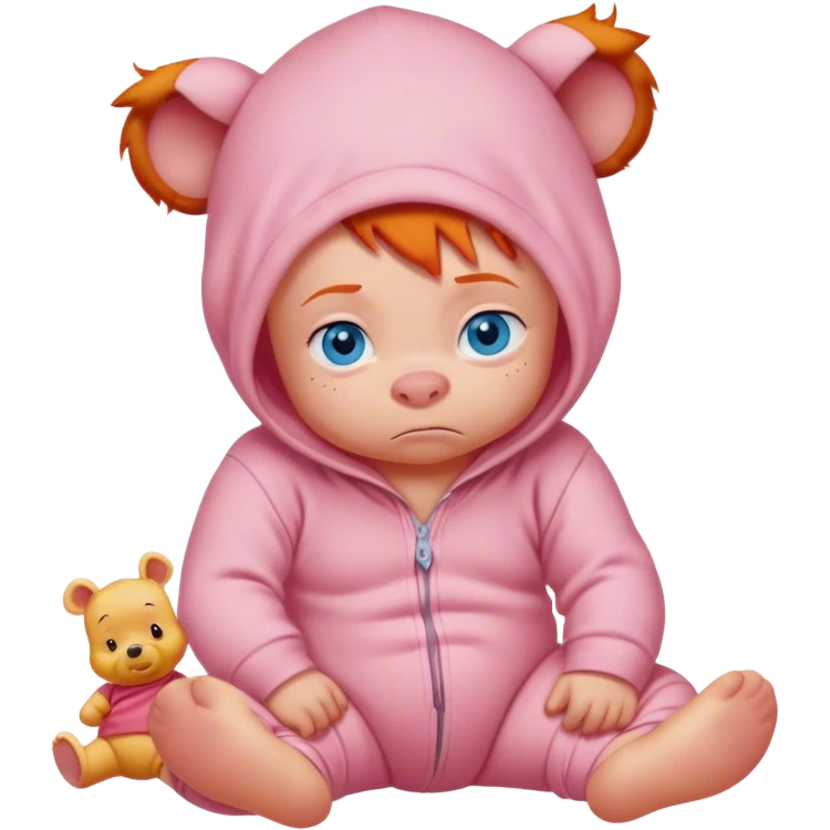Grumpy ginger baby with blue eyes in onesie with Winnie the Pooh and Piglet on it emoji