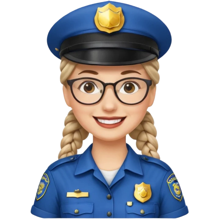 happy white woman police with braided hair wearing hat, glasses  emoji