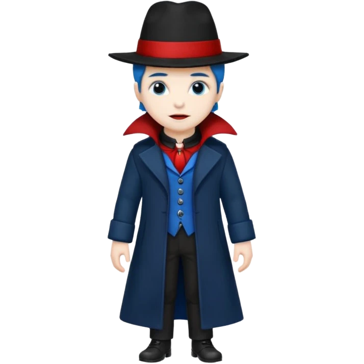 Vampire with blue hat,black coat with read collared ,full body. emoji
