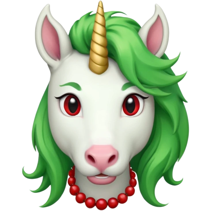 white furred unicorn with green hair and big red earrings looking into camera and big horn emoji