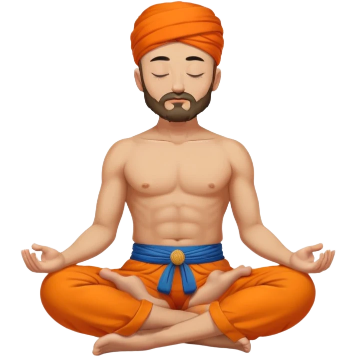 cossack men meditating closed eyes, bold head bare torso, Shikha on the top of the head, orange cossack sharovary pants emoji