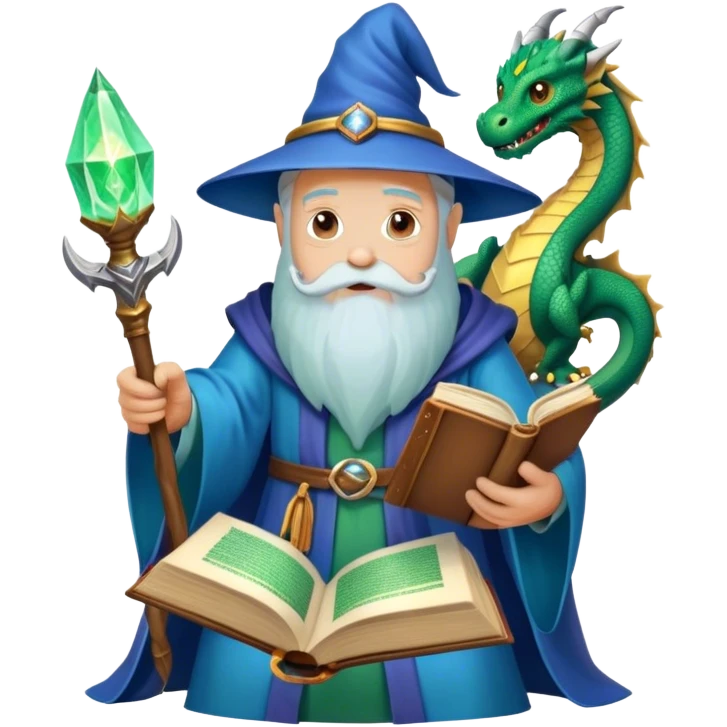 Icon for Fantasy and Sci-Fi Literature: a magical book with glowing pages, surrounded by a dragon, a spaceship, and a wizard with a staff. The icon should capture the adventurous and imaginative world of fantasy and science fiction. Transparent background. emoji