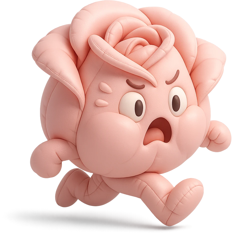 soft pink rose flower with puffed cheeks making a panicked toilet run, eyes bulging, legs dashing, pastel tones, chibi round shape, cushion style emoji