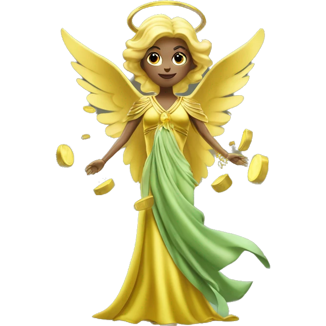 money angel lady in yellow whitish greenish long gown with huge golden wings abundance wealth prosperity emoji