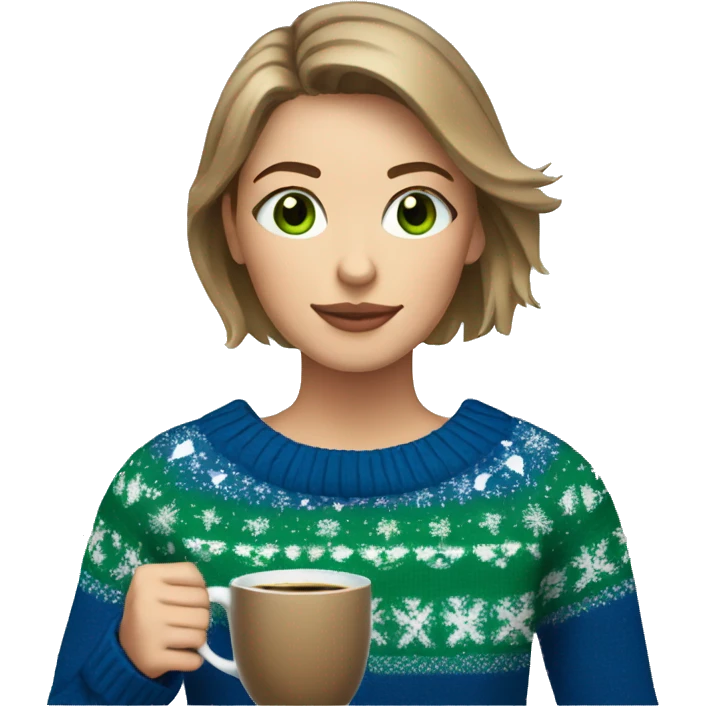 Light brown short haired girl with green eyes drinking coffee wearing blue Christmas sweater emoji