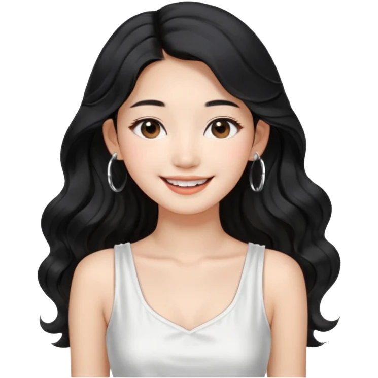 Korean 24-year-old female online shopping mall seller / white face / earrings / smiling expression / long wavy hair / influencer vibe / fashionable / black hair / silver earrings / white dress emoji