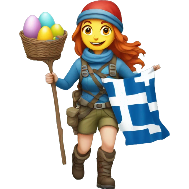 Female winter mountaineer red hair climbing with Greek flag and holding Easter eggs basket emoji