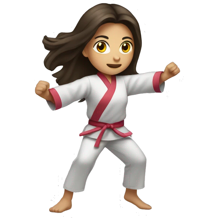 Girl doing power karate stance with her hands up and long, brunette hair emoji