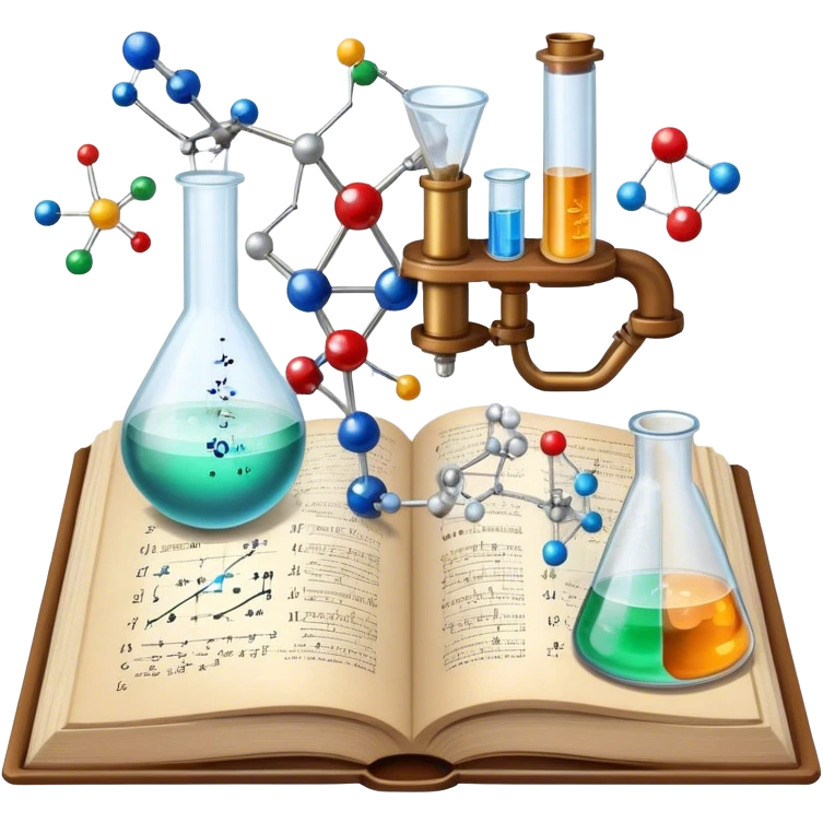 Icon for Scientific and Educational Reading: an open book with mathematical and physical formulas on the pages, with molecules and atoms flying out. On the desk are test tubes, flasks, and a microscope. Transparent background. emoji