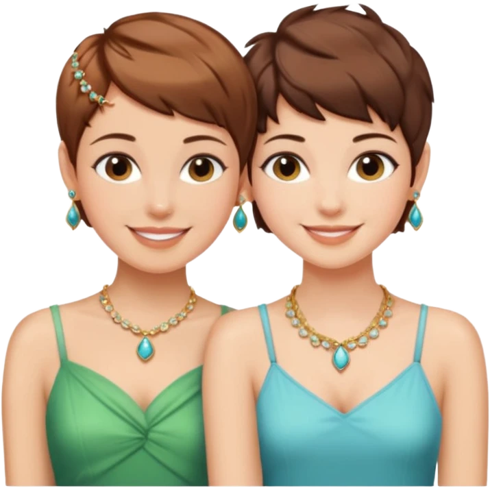 Fair skin and brown colored besties with brown hair pixie cuts wearing jewelry  both brown hair  emoji