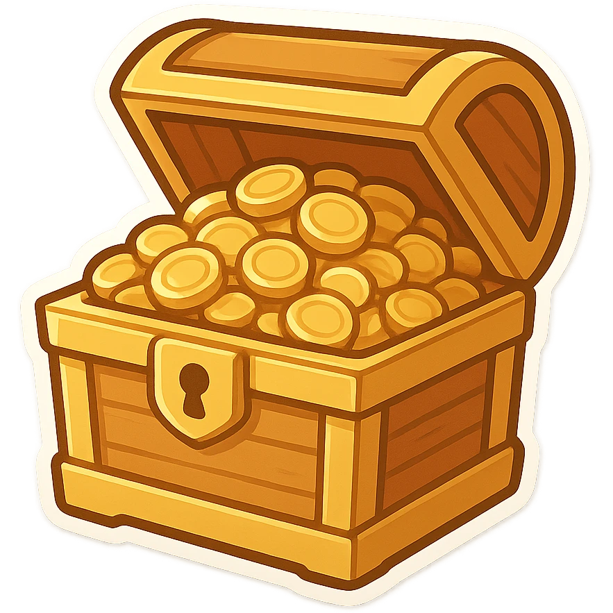 一个金色的宝箱，宝箱里面有许多金币 emoji