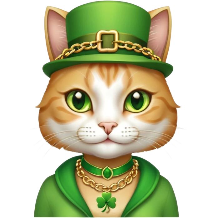 female cat dressed in hip-hop Run DMC style, green outfit, shamrock accessories, gold chains, bling, St. Patrick's Day emoji