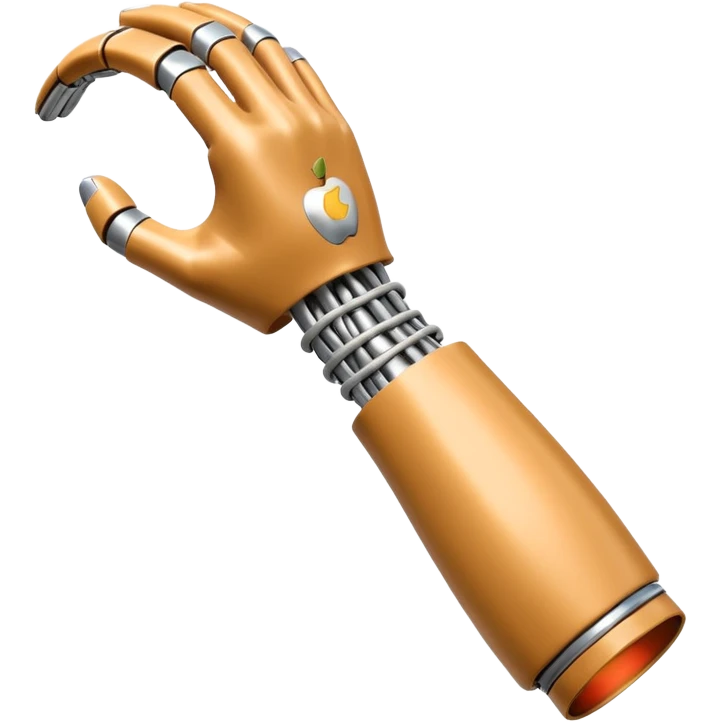 3D render of Bionic Arm, futuristic cyborg aesthetic, fusion of organic skin and chrome metal, polished silver metal arm attached to a tan skin shoulder, exposed wiring, Apple emoji style, isolated on white background --v 6.0. emoji
