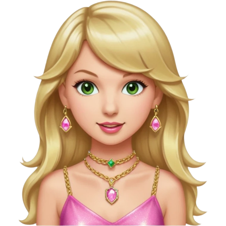 Green eyed smiling Taylor swift with long hair wearing a sparkly pink minidress a pink and goldchoker with gold gemstone chains at the eras tour emoji