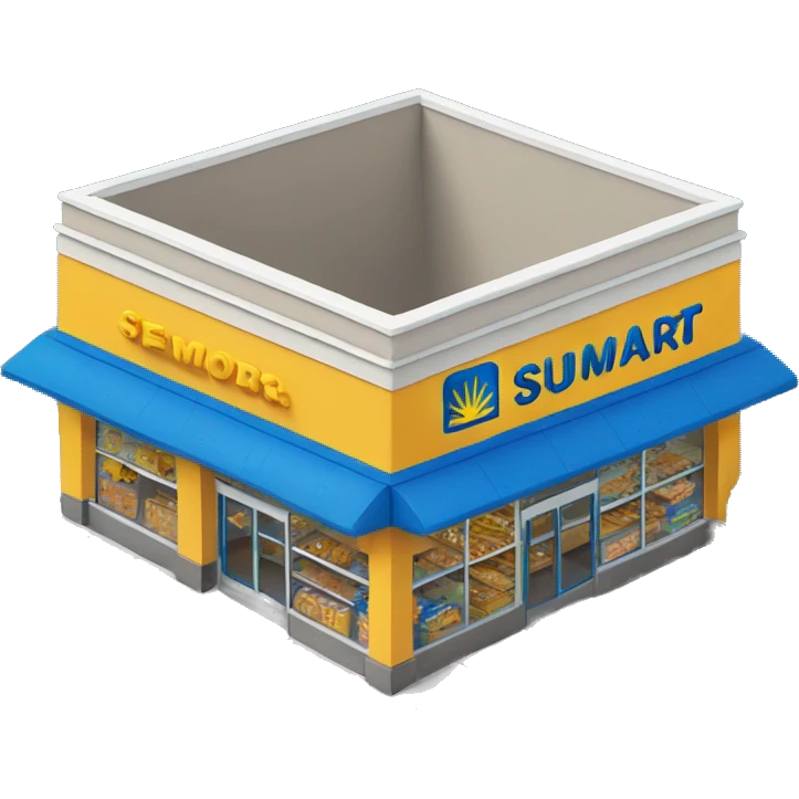 “Walmart store with a simple, recognizable design, featuring the iconic sunburst logo, blue and yellow color scheme, and storefront details that convey a large retail environment.” emoji