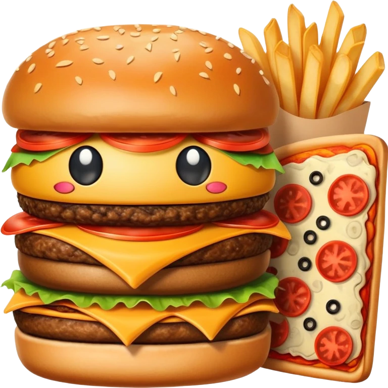 A happy smiling burger next to a pizza slice and french fries emoji