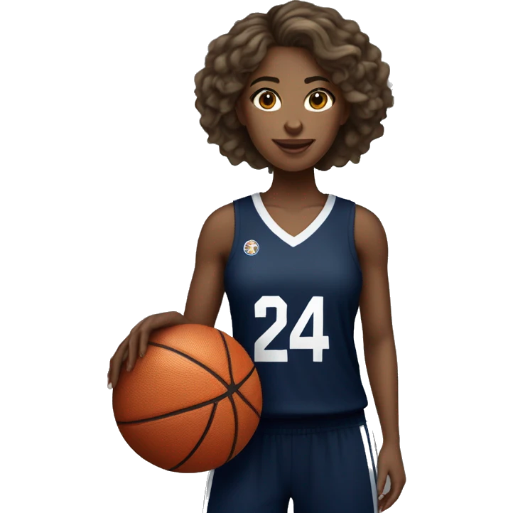  wavy soft hair female wearing navy blue basketball jersey that has the number 24 & holding a basketball emoji