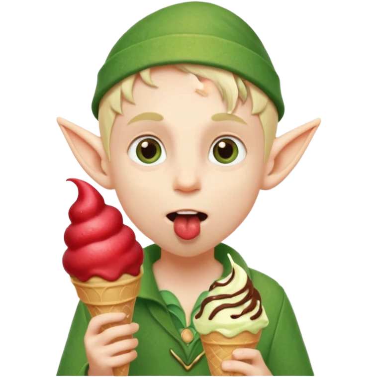 
A young elf boy in leafy clothes licking a triple-scoop ice cream with wide eyes.


A tall elegant elf with long braids enjoying a mint swirl cone under soft light.




 emoji