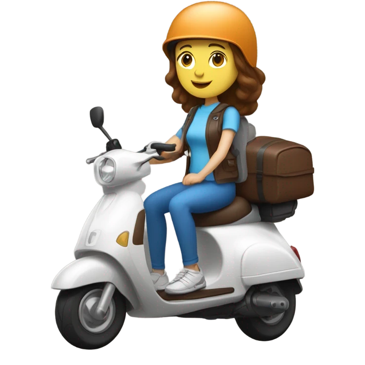 White women with Blue eyes and chocolate hair on a scooter in a helmet and summer clothes emoji