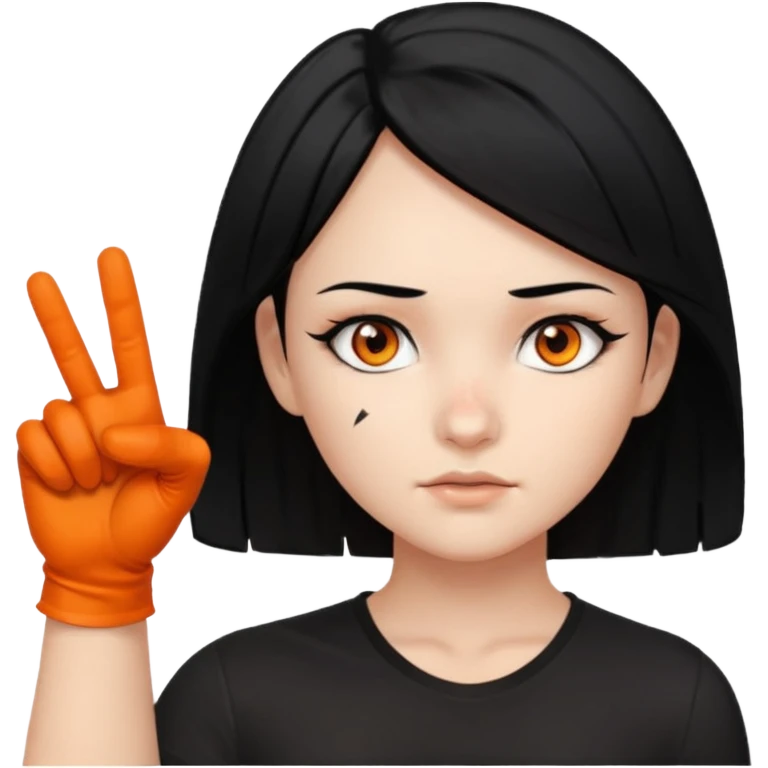 Girl with Black hair , scars on her nose to her left cheeks,orange eyes, withe shirt, pointing at you , with black gloves  emoji