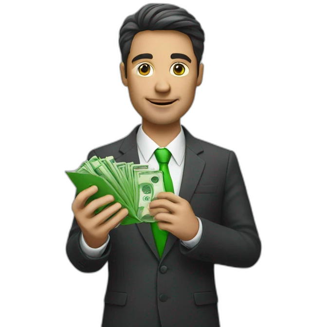 A businessman holding an iPhone with a green screen in one hand and a pack of money in the other hand emoji