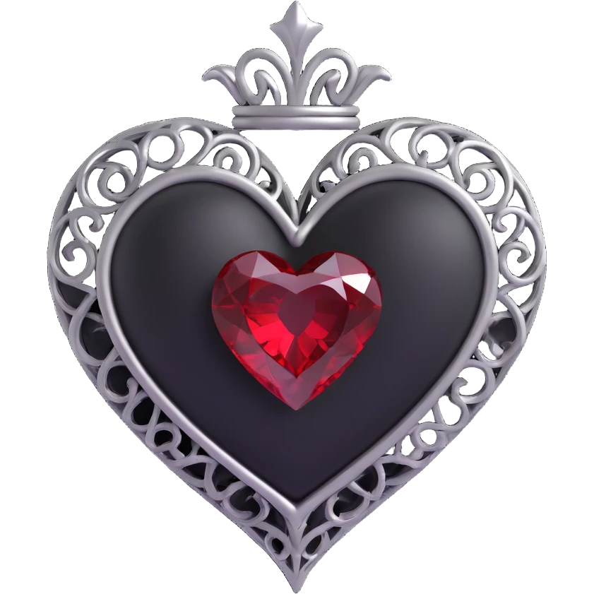 3D emoji gothic heart, black velvet with silver filigree and a deep red gemstone center emoji