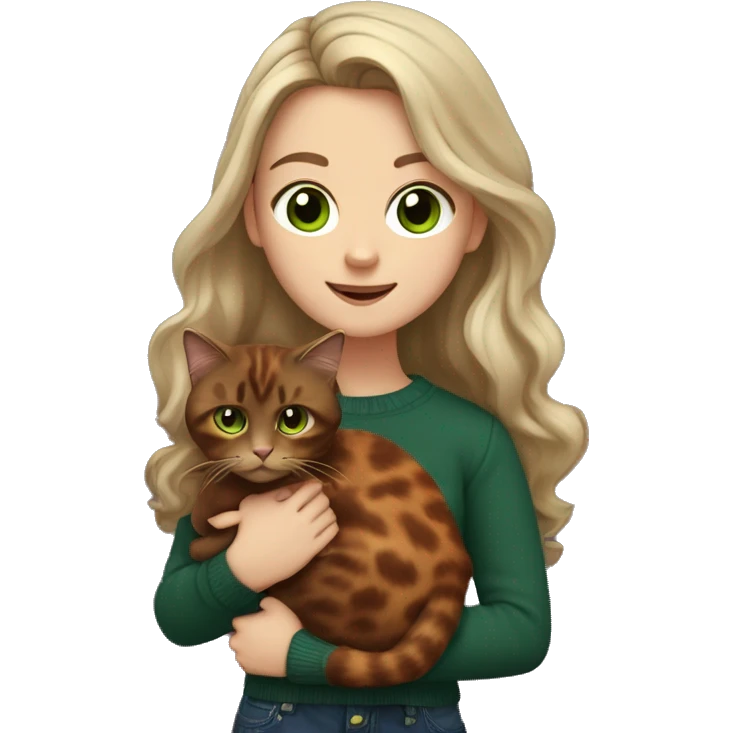 White girl with green eyes and long wavy brown hair holding a tortoiseshell cat and wearing a dark red sweater with dark jeans emoji