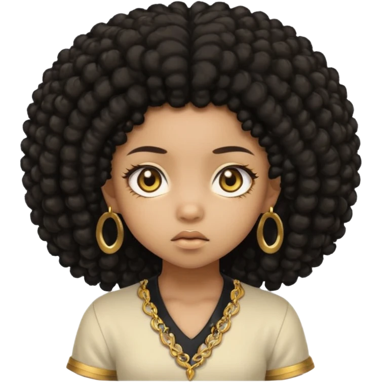 Create a black chibi girl with long afro hair and beautiful gold eyes give her a confusing expression  emoji