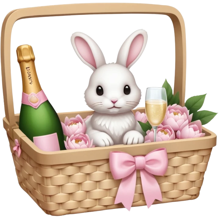 A white Picnic basket with light pink bow, white peonies, a white rabbit and one pink champage bottle inside emoji