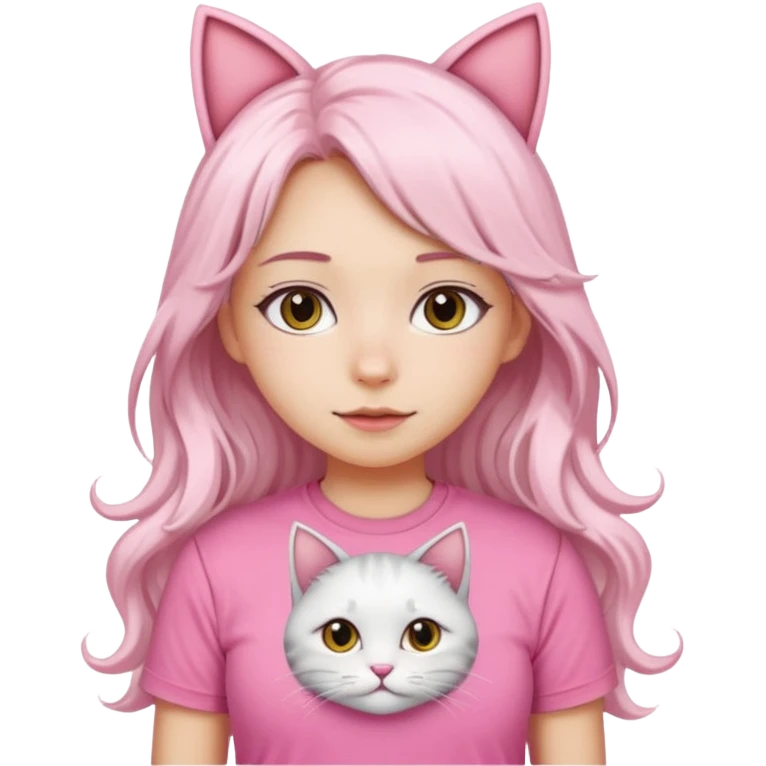 girl with long wavy white hair and cat ears wearing pink tshirt emoji