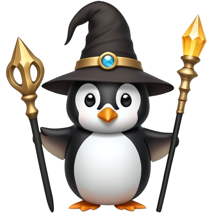 penguin wizard with magic staff and pointy hat emoji