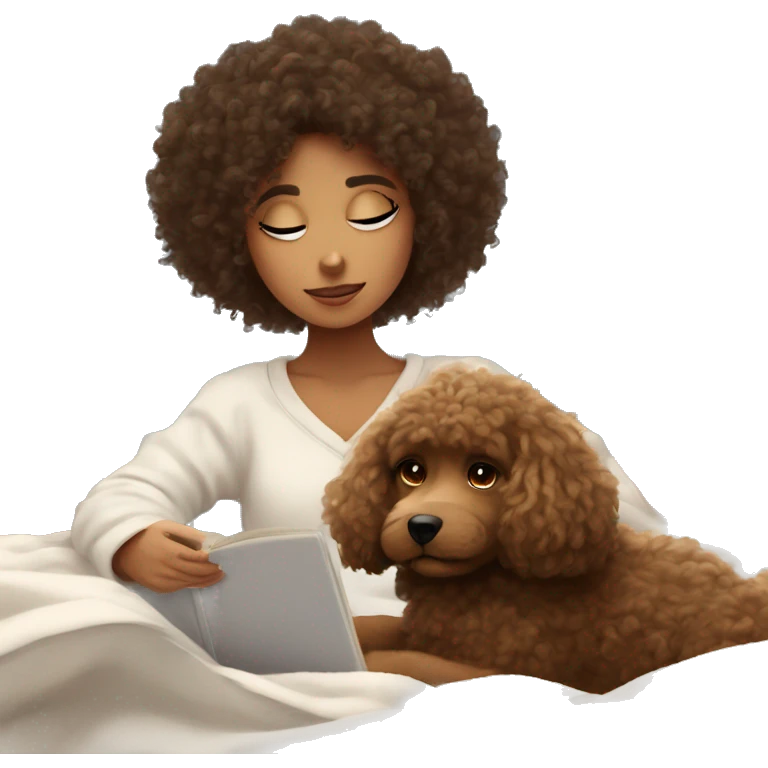 Curly haired girl studying aesthetic with her dog under fluffy blanket emoji