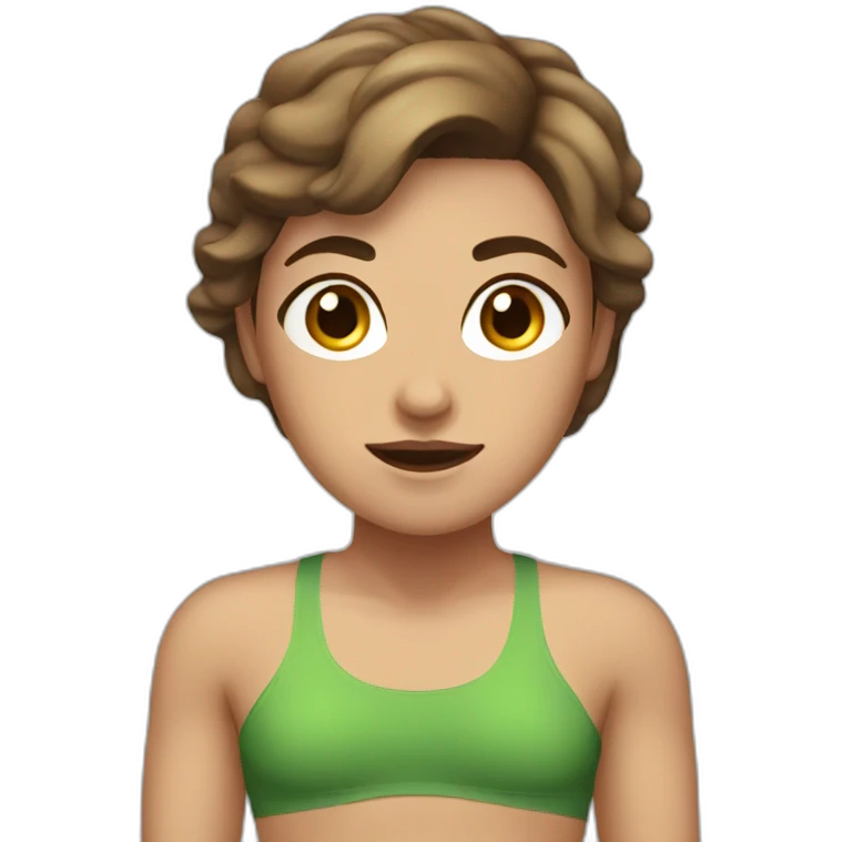 woman with muscles,short hair,tired eyes,brown hair, tight swimming trunks emoji