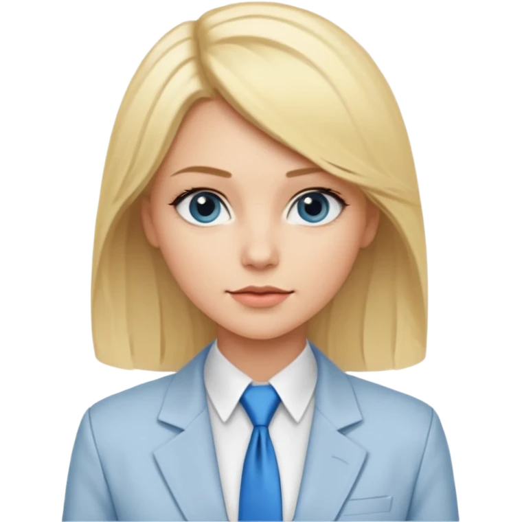 une femme blonde jolie avec des jolies traits avec une chemise blanche et une veste a manche longues et cravate bleu emoji
