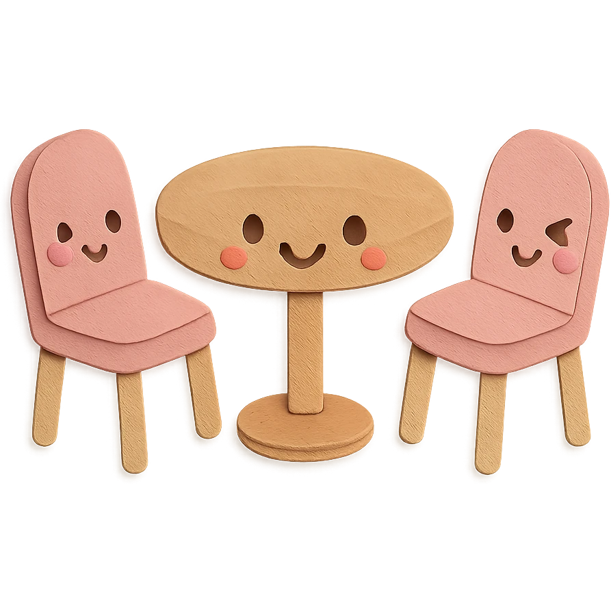 kawaii coffee shop table and chairs set with winking faces, soft pastel hand-drawn illustration emoji